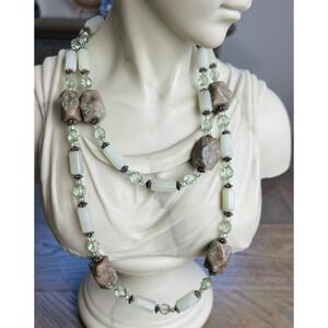 Vintage Jasper & Green Jade Look Beaded Necklace Faceted Crystal Boho Long